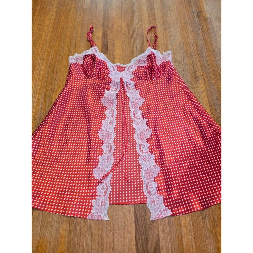 Red Heart Print Women Small Satin Babydoll‎ Chemise with White Lace Trim